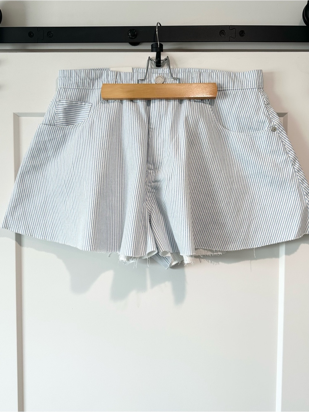 Blank NYC Light Blue & White Striped High-Waist Shorts